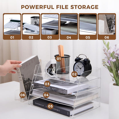 Acrylic Desk Organizer - 4-Tier Tray with Vertical File Holder for Books, Stationary, Letter, Magazines, Documents, and File Organizer - Durable Space Saving Storage, For Home and Office