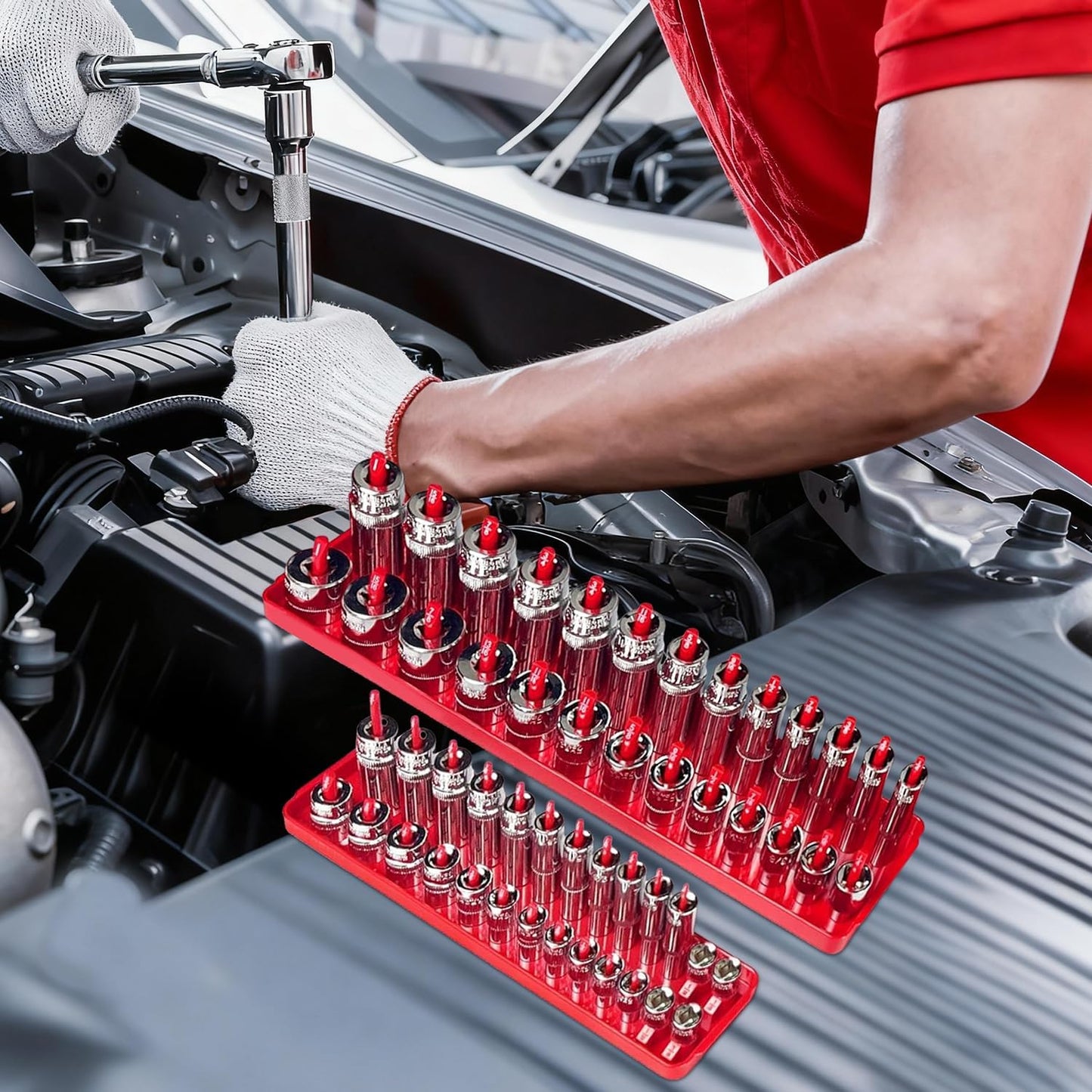 AIUITIO 6PCS Socket Organizer Tray Set, Red SAE & Black Metric Socket Storage Trays, 1/4-Inch, 3/8-Inch & 1/2-Inch Drive Deep and Shallow Socket Holders for Toolboxes