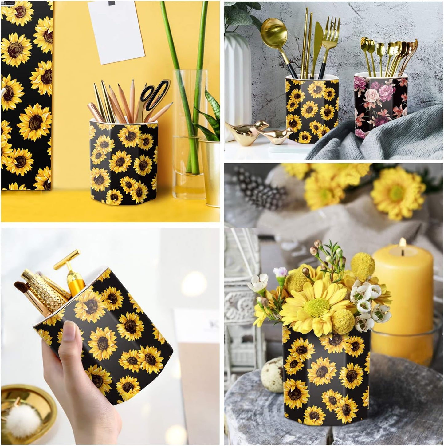 WAVEYU Ceramic Pen Holder for Desk Cute, Pencil Cup Pot Desk Organizer, Makeup Brush Holder for Women, Men, Kids, Desk Marble Decor for Office, Classroom, Home, Gray Golden