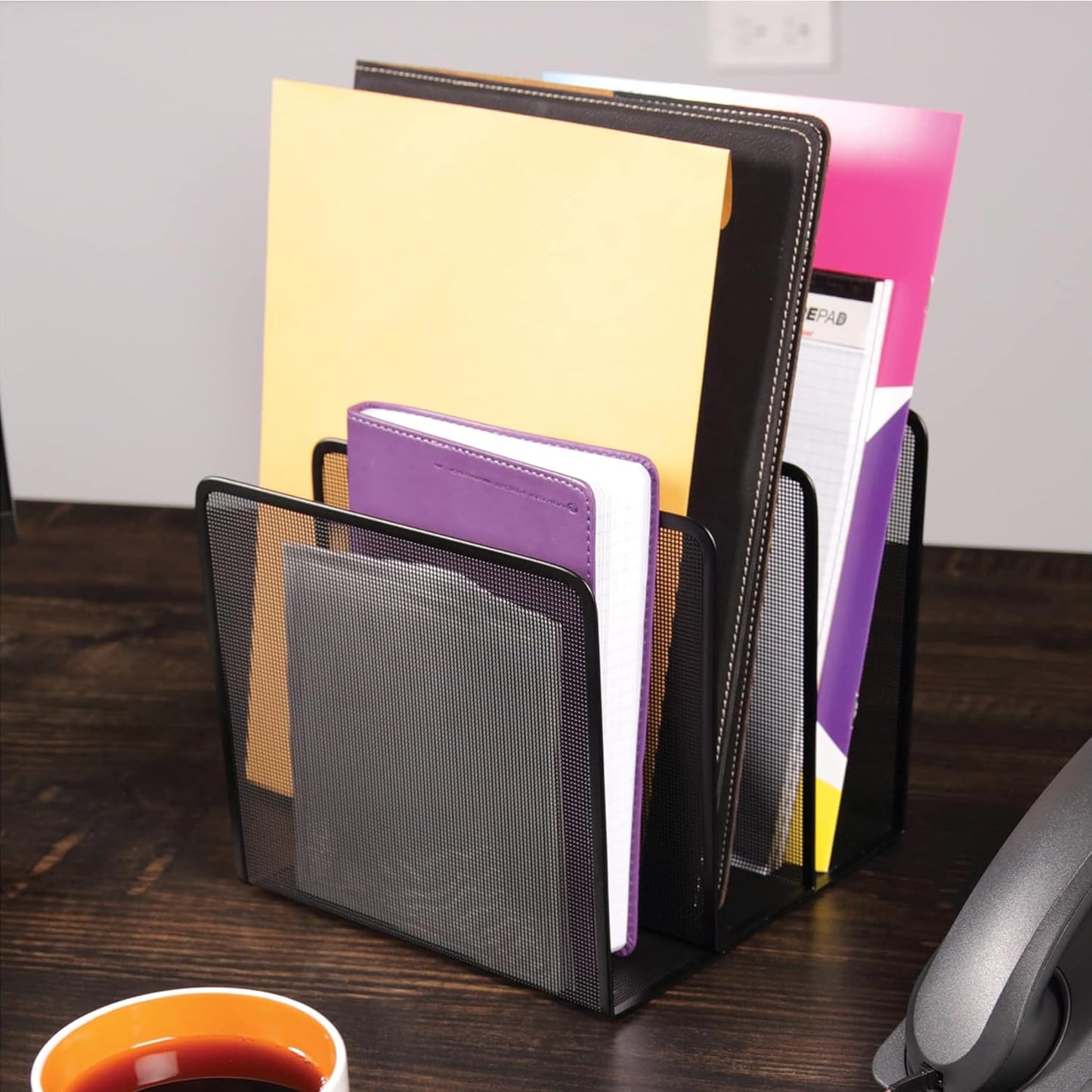 Artistic Contemporary Mesh Metal Desktop File Sorter for Neat and Organized Surfaces in Office, School, and Home, Black