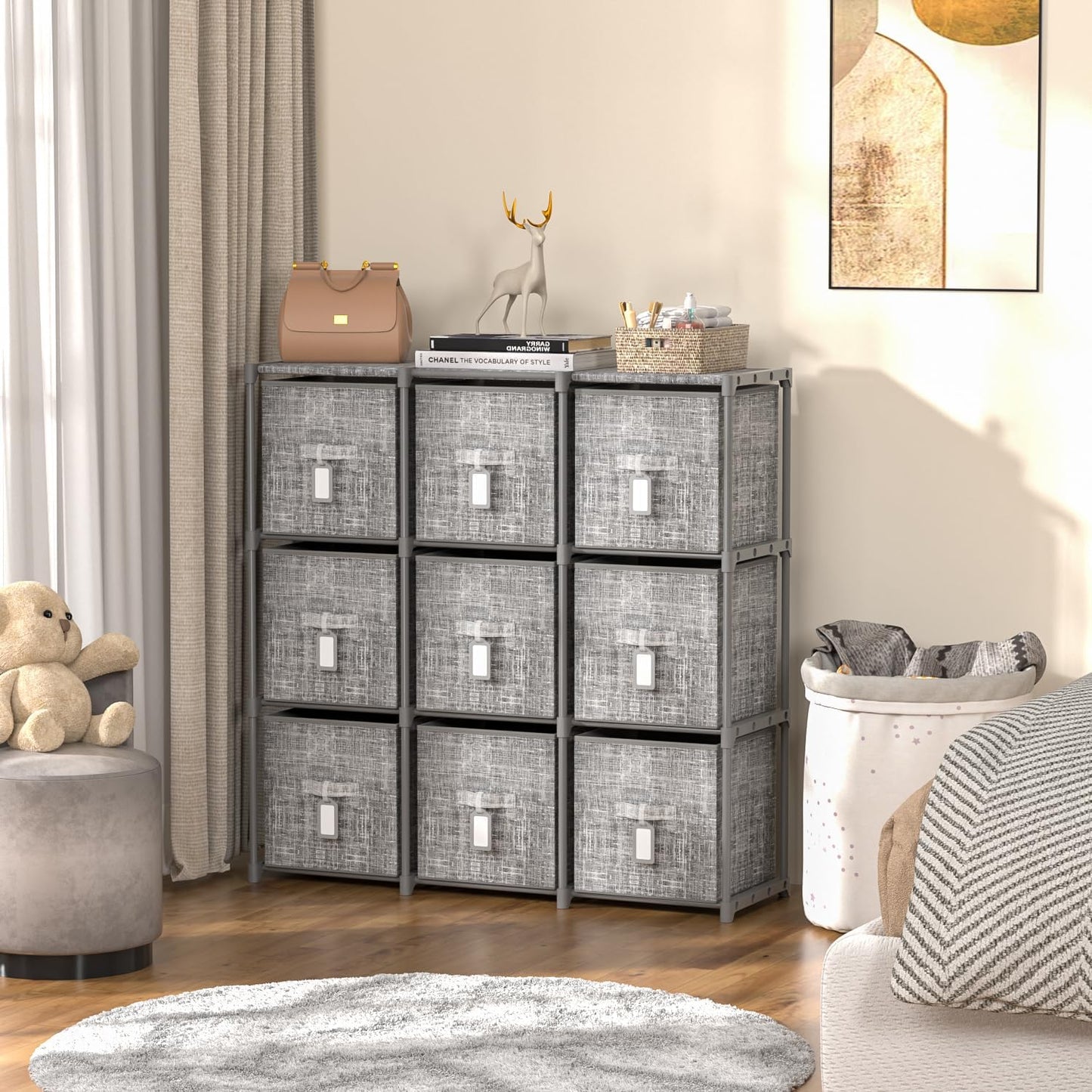 LUKYTOWER Cube Storage Organizer Shelf with Printed Bins + Labels, Cubby Storage Organizer with Bins, Large Capacity Shelves for Storage,Closet, Living Room, Dorm, Yarn (Grey, 6 Cube)