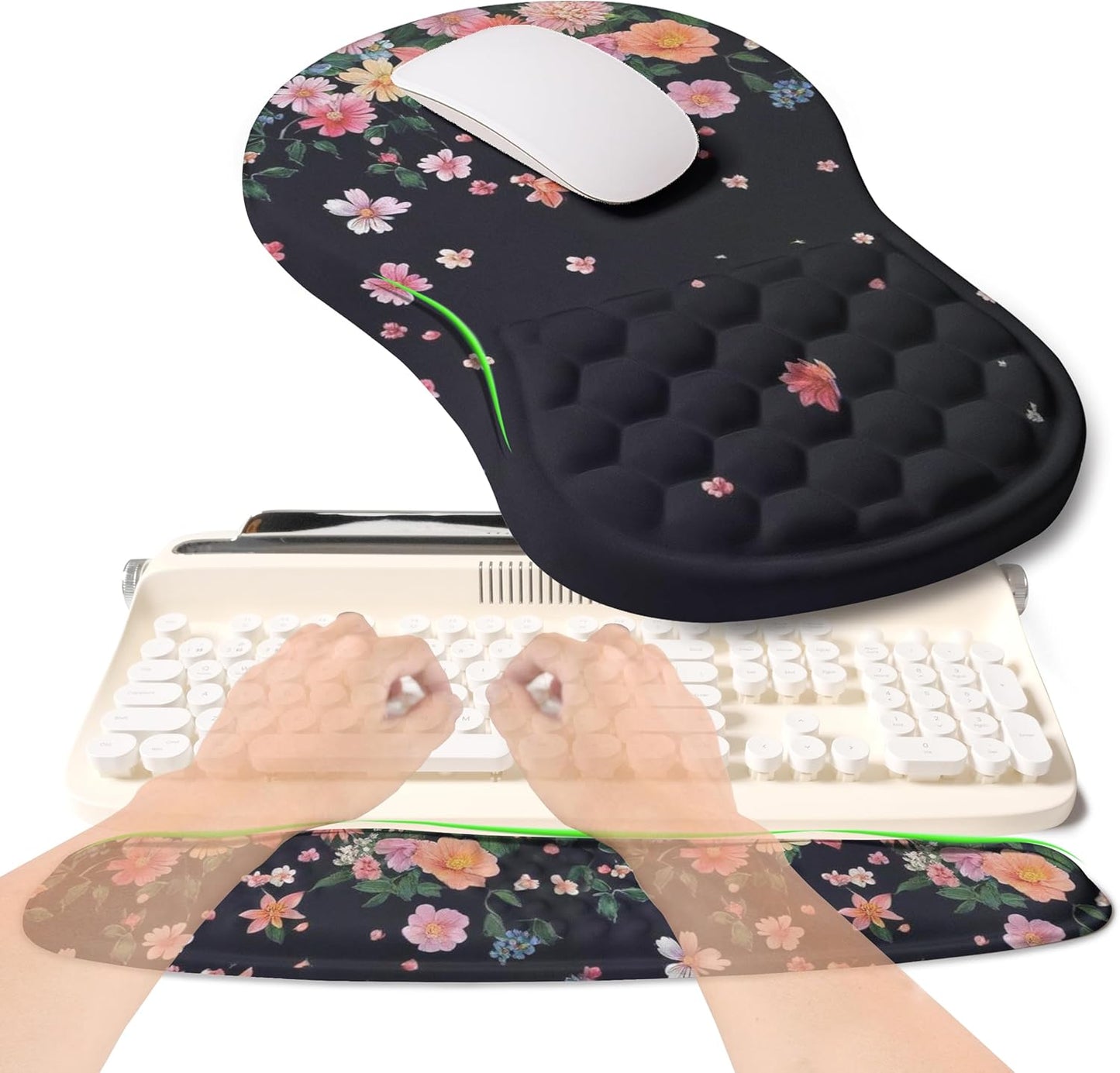 2-in-1 Ergonomic Set, Wave Rise Keyboard Wrist Rest and Massage Bulge Slope Mouse Pad Wrist Support, Cushion Memory Foam Integrated to Relieve Wrist Pain, Black