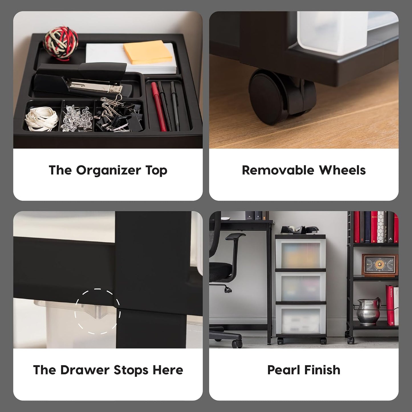 IRIS USA Plastic Drawer Storage Organizer Rolling Cart, with Wheels Casters, 4-Drawers, for Classroom Art Craft Supplies Dresser Closet Bathroom Laundry Room, Black/Pearl