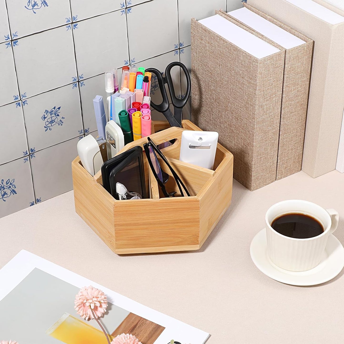 Bamboo Rotating Art Supply Desk Organizer, Rotating Marker Organizer for Alcohol Markers, Office Supplies Desktop Storage Caddy, 360-Degree Rotatings Bamboo Storage for Pencils, Pen, Paint Brushes