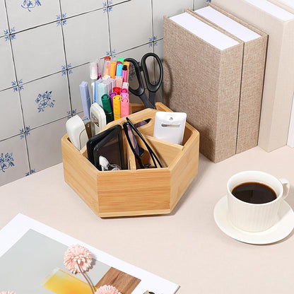 Bamboo Rotating Art Supply Desk Organizer, Rotating Marker Organizer for Alcohol Markers, Office Supplies Desktop Storage Caddy, 360-Degree Rotatings Bamboo Storage for Pencils, Pen, Paint Brushes