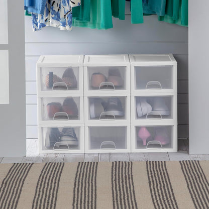 Sterilite 6-Pack 6 Quart Stacking Drawer, Clear Storage Closet Organizer, White Frame - Stackable Modular Plastic Drawers for Clothes, Accessories, Craft Supplies, Shoes or Linens
