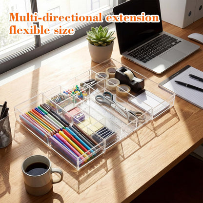 Briwooody 1 Pcs Acrylic Desk Drawer Organizer 9'' up to 16'' x 12'' x 2.2'' Expandable Drawer Organizer Trays with 10 Adjustable Compartments Clear Desk Accessories for Makeup Office Bathroom