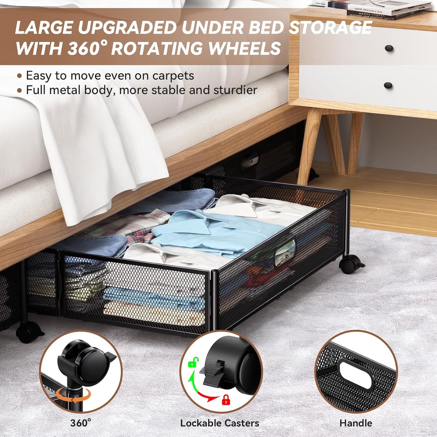 PHINOX Under Bed Storage Containers with Wheels, Under Bed Shoe Storage Organizer Drawer, Tool-free Assembly Metal Storage Containers for Bedroom Clothes Shoes Blankets -2PCK