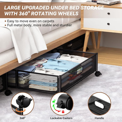 PHINOX Under Bed Storage Containers with Wheels, Under Bed Shoe Storage Organizer Drawer, Tool-free Assembly Metal Storage Containers for Bedroom Clothes Shoes Blankets -2PCK