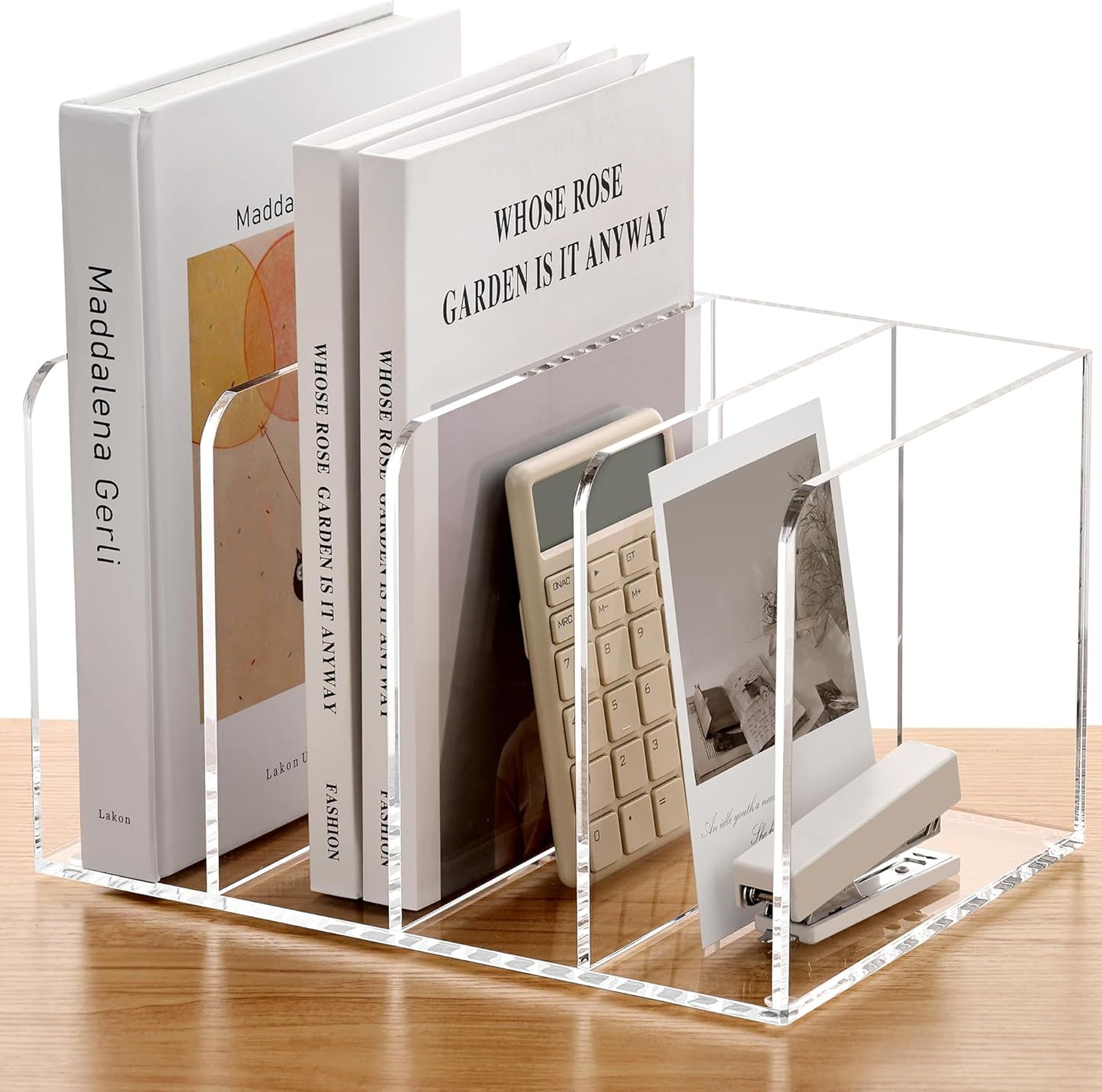 SANRUI Acrylic Magazine Holder Desk Organizer Workspace Sorters，Clear Bookend File Sorter Holder，Folder Rack, Office Accessories Organization Storage with 3 Vertical Compartments