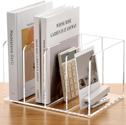 SANRUI Acrylic Magazine Holder Desk Organizer Workspace Sorters，Clear Bookend File Sorter Holder，Folder Rack, Office Accessories Organization Storage with 3 Vertical Compartments