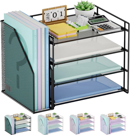 Marbrasse Desk Organizer and Accessories，4-Tier Paper Letter Tray Organizer with File Holder，Desk Accessories & Workspace Desktop Organizers for School Home Office Supplies (Blue)