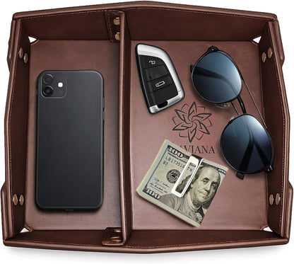 Valet Tray Organizer for Men & Women - PU Leather Catch All Tray with Removable Divider - EDC Storage for Keys, Watch, Phone - Nightstand, Dresser & Desk Organizer - Pacific Navy