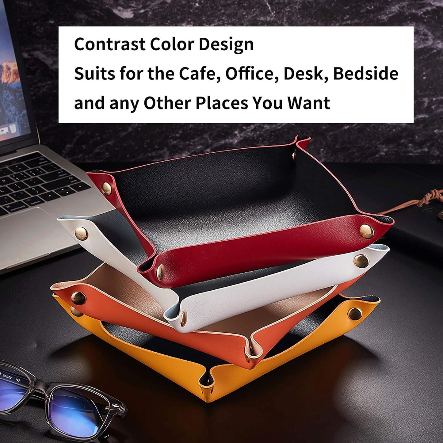 Leather Valet Tray for Men Women, Small Jewelry Catchall Tray, Deskop Nightstand Organizer, Portable Travel Key Plate for Entryway Table, Watch Candy Gifts (Red + Black)