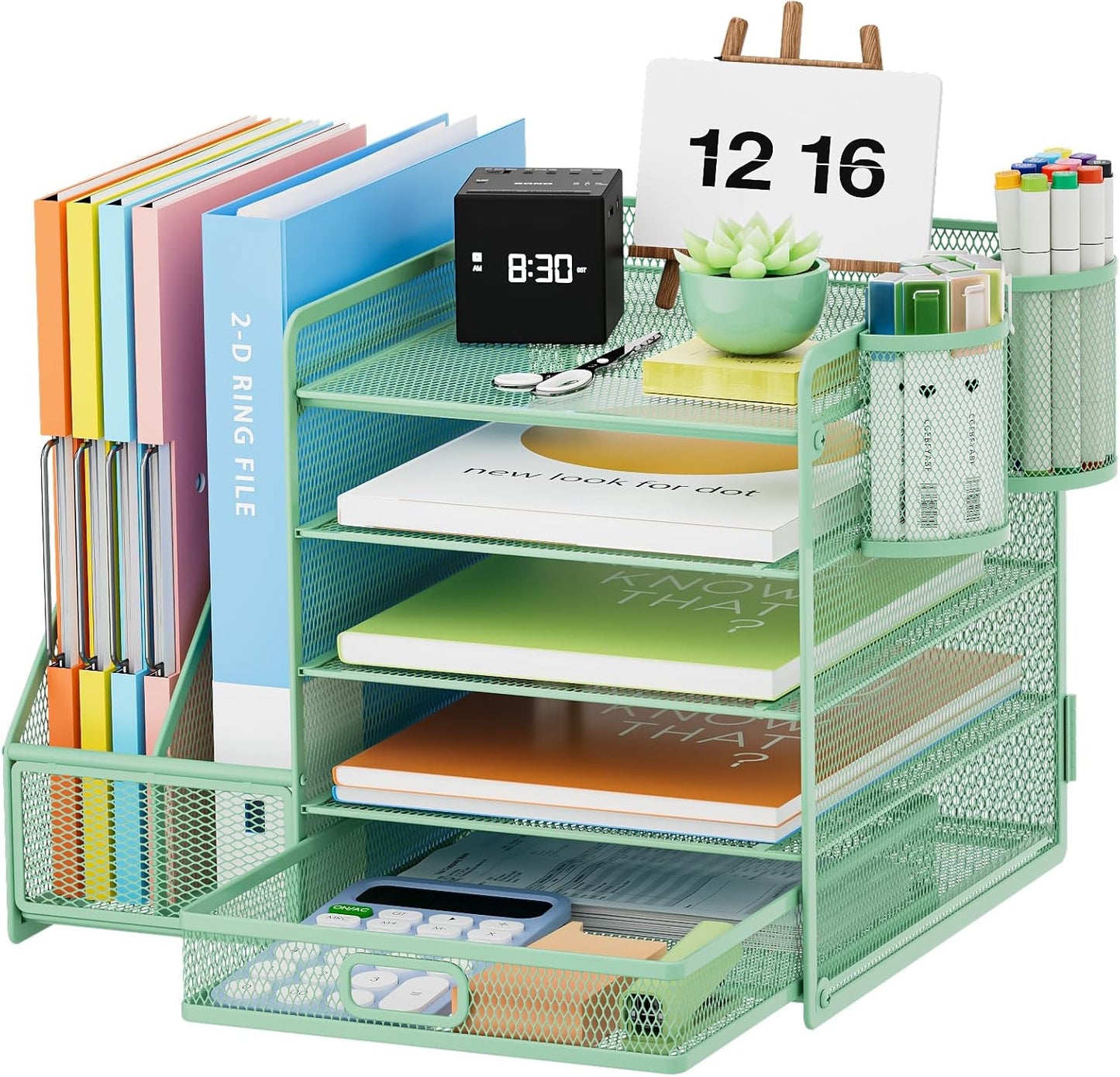 Marbrasse Desk Organizer with File Holder, 5-Tier Paper Letter Tray Organizer with Drawer and 2 Pen Holder, Mesh Desktop Organizer and Storage with Magazine Holder for Office Supplies(Black)