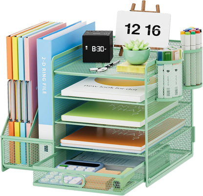 Marbrasse Desk Organizer with File Holder, 5-Tier Paper Letter Tray Organizer with Drawer and 2 Pen Holder, Mesh Desktop Organizer and Storage with Magazine Holder for Office Supplies(Black)