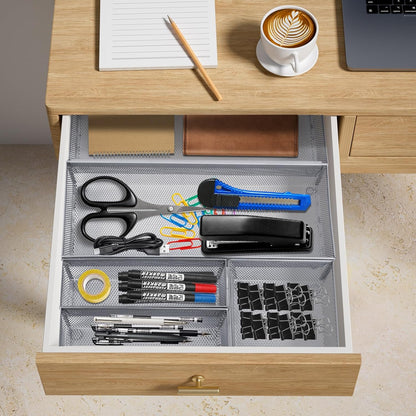 Neudeco Drawer Organizer Set 6 Pack - 5-Compartment Silverware Organizer Tray + 5 Utensil Trays, Kitchen Drawer Organizer for Flatware, Cutlery, Office Supplies, Black Mesh, Non-Slip.