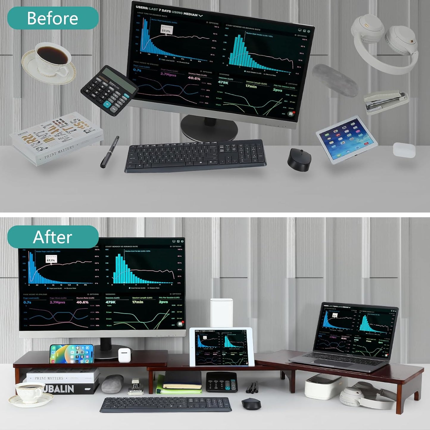 Nnewvante Monitor Stand Riser, 60 inch Large Bamboo Dual Monitor Stand for Desk, 3 Shelves Desktop Screen Riser with Adjustable Length Angle for Computer Laptop PC