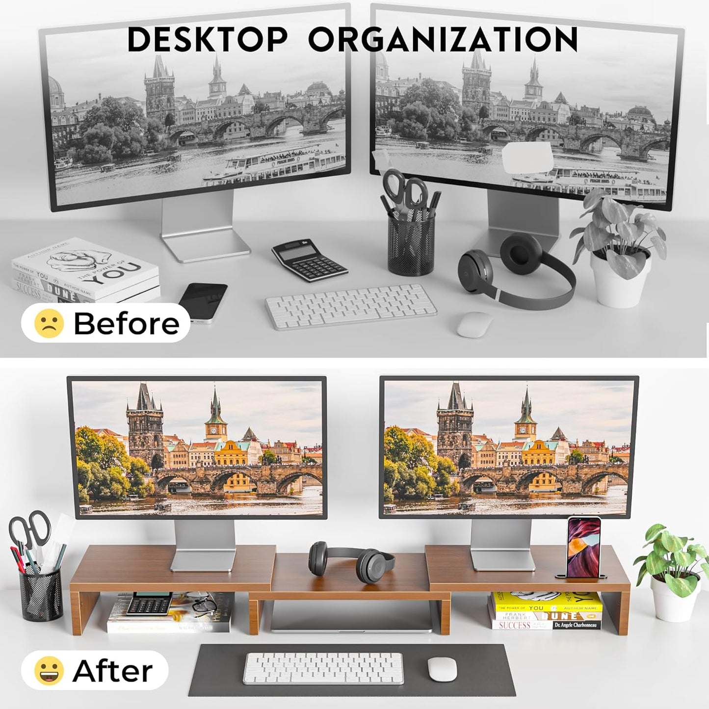 BONTEC Dual Monitor Stand Riser with Smartphone Holder, Adjustable Length & Swivel Angle, Ergonomic Wooden Desktop Organizer for PC Monitor, Laptop, Printer, Large Storage, White