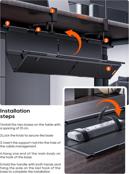 Under Desk Cable Management Tray No Drill, Cable Ties Included, Eco-Friendly Canvas Material, Mesh Design for Heat Dissipation, Cable Organizer/Storage for Standing Desk(27inch, Black)