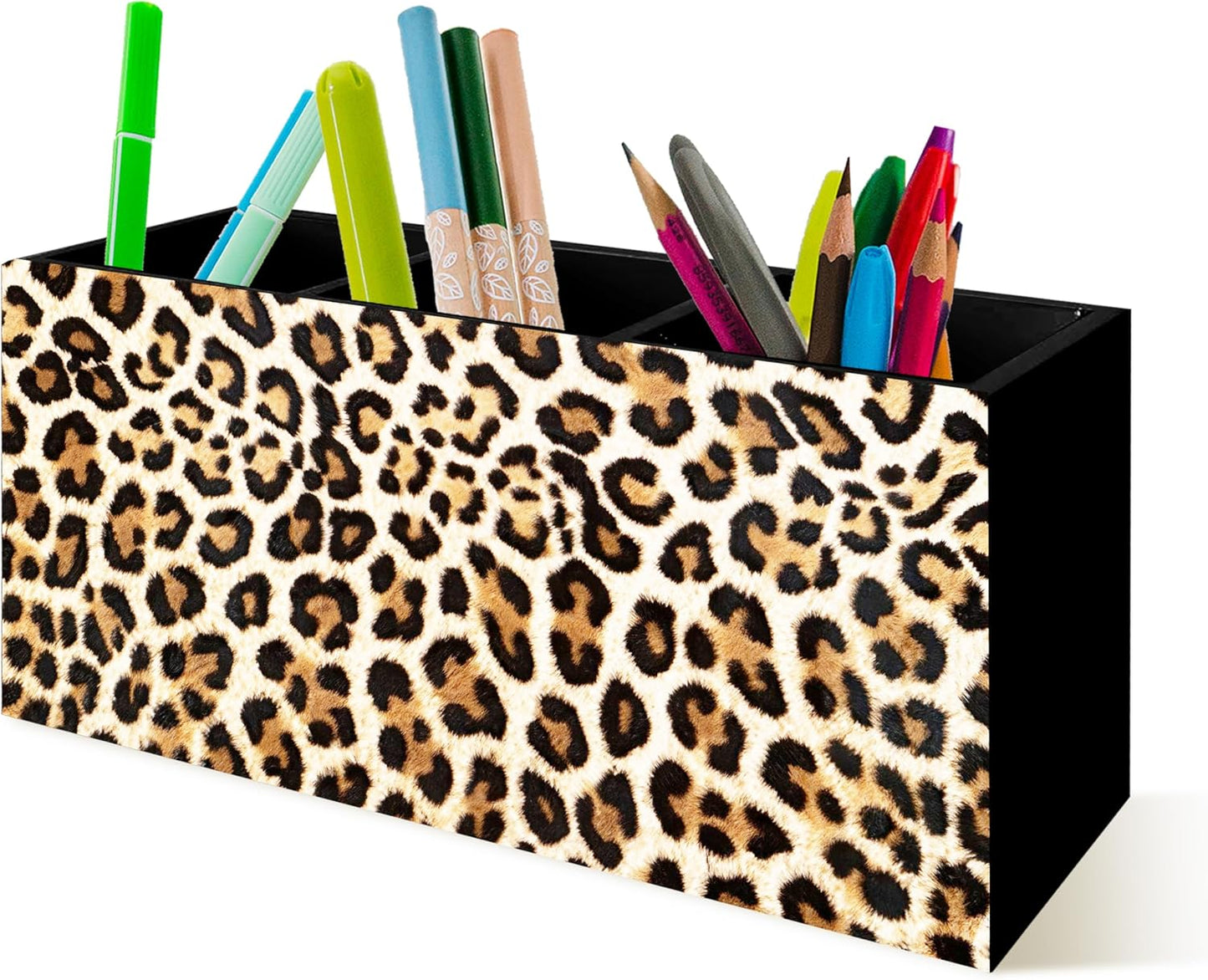 Trendy Funny Leopard Pen Pencil Holder Organizer for Desk, Cheetah Room Decor, Preppy Girly Y2k Aesthetic Cheetah Wooden Box Block Sign for Home Office Tabletop Decor