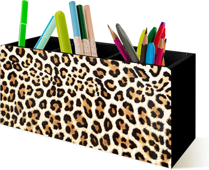 Trendy Funny Leopard Pen Pencil Holder Organizer for Desk, Cheetah Room Decor, Preppy Girly Y2k Aesthetic Cheetah Wooden Box Block Sign for Home Office Tabletop Decor