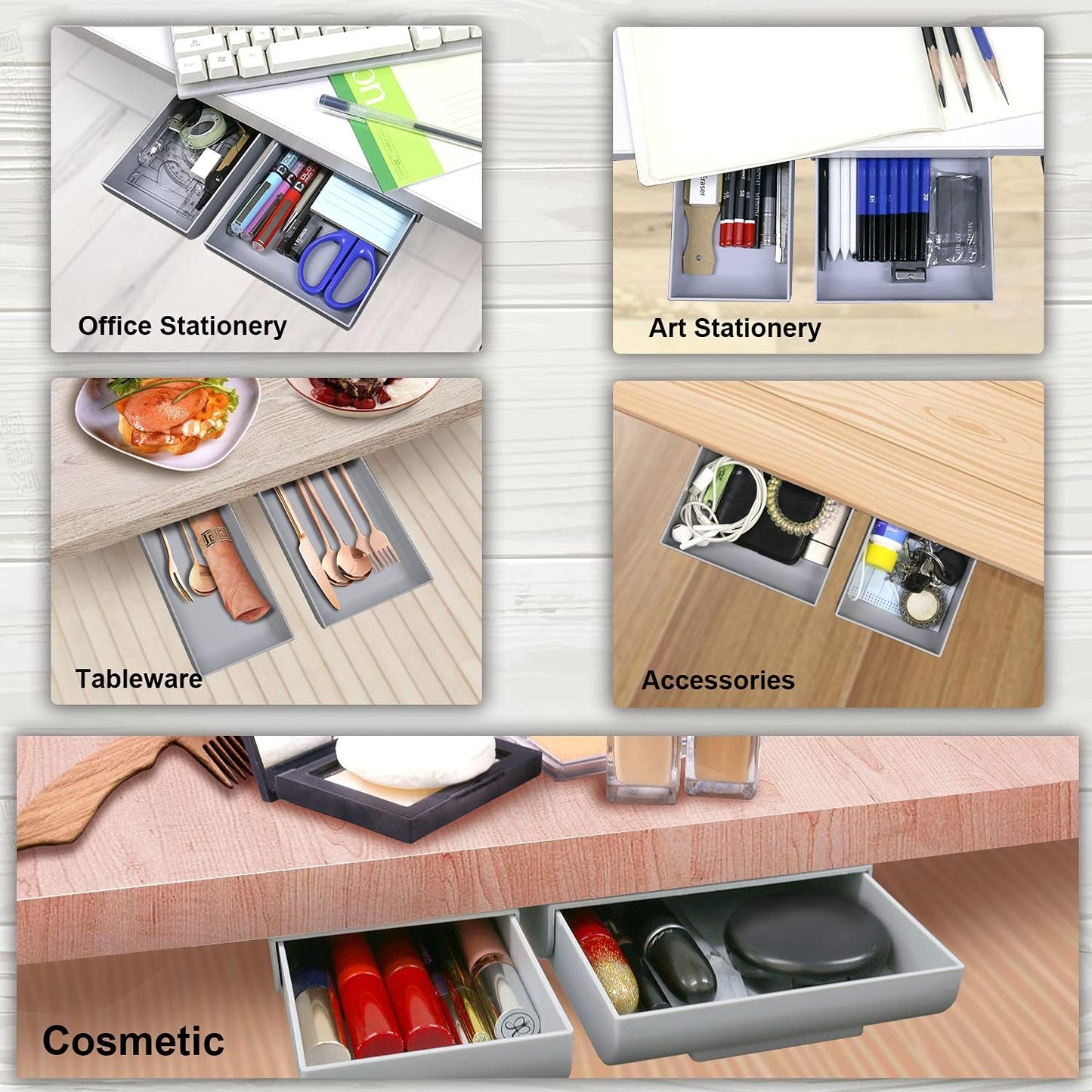 YOOUSOO 2 Pack Under Desk Storage Drawer Organizer, Hidden Slide Out Drawer Attachment, with Self - Adhesive Feature for Desktop and Table Organization, Hidden Under Desk