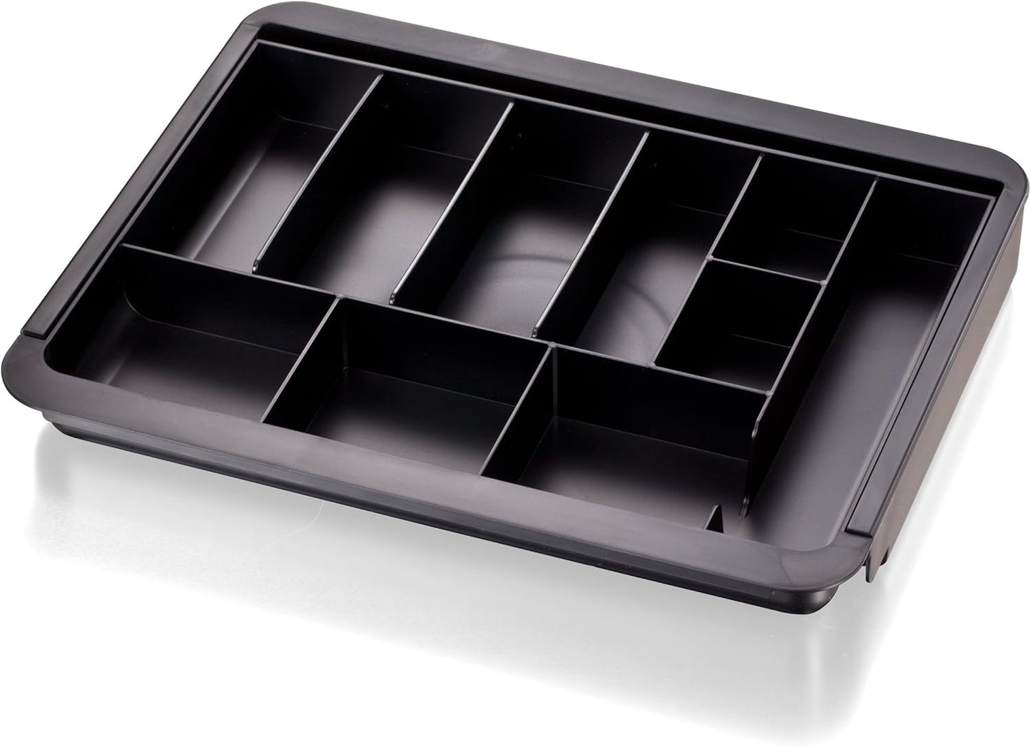 Officemate Expandable Drawer Organizer Tray, Adjustable 10.3"–16" Width, Customizable Compartments with Dividers, Recycled Plastic, Black