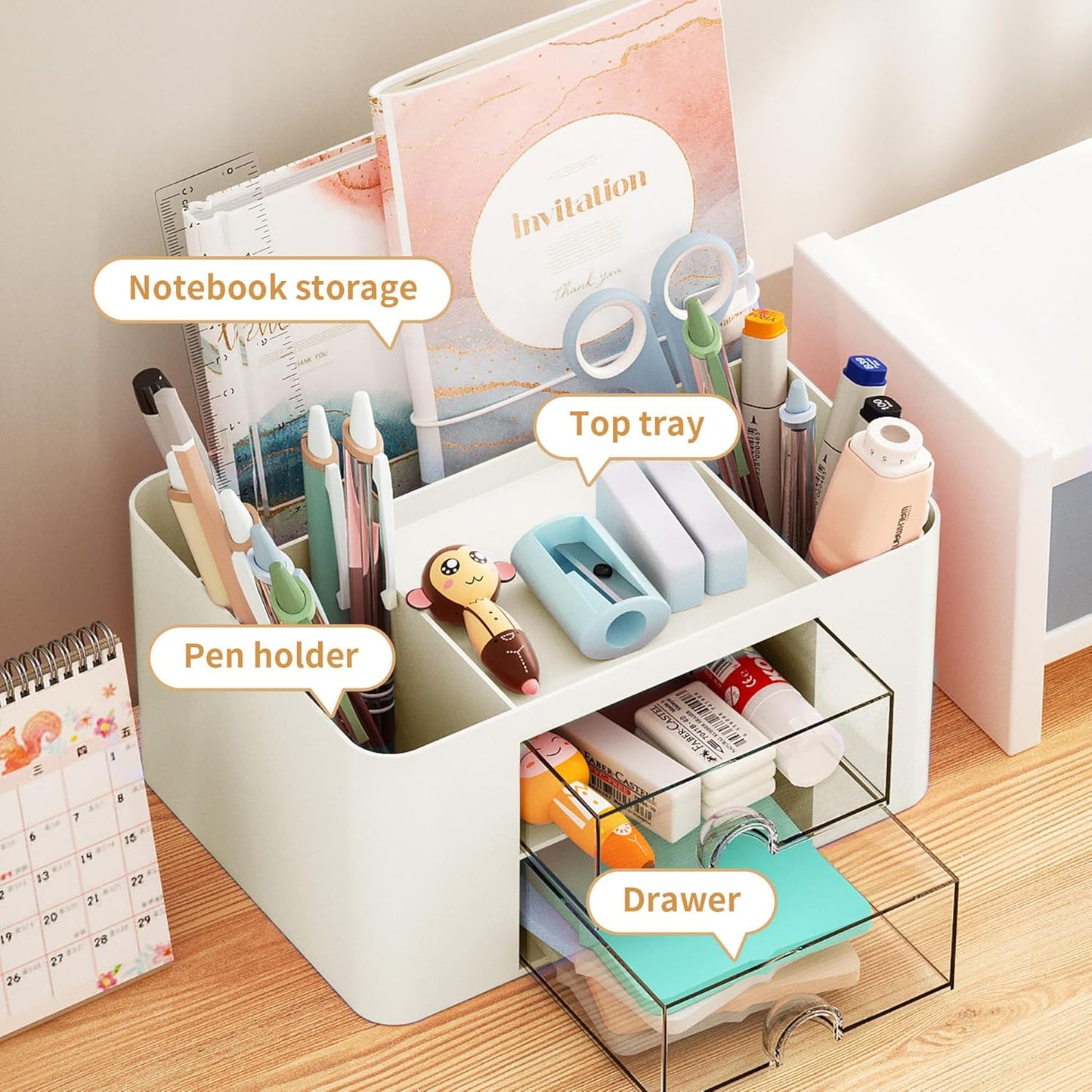 Marbrasse Pen Organizer with 2 Drawer, Multi-Functional Pencil Holder for Desk, Desk Organizers and Accessories with 5 Compartments + Drawer for Office Art Supplies (White)