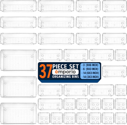 Emporio Kitchen Drawer Organizer Set - 37 Stackable Storage Trays for Makeup, Kitchen, and Office - Includes 3 9x6, 6 9x3, 14 6x3, 14 3x3 Bins