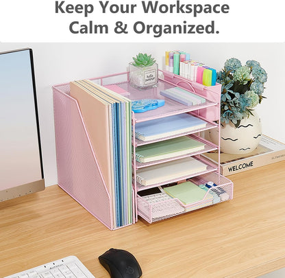 Desk Organizer, 5-Tier Paper Letter Tray Organizer with File Holder, Drawer and Pen Holder, Desktop Organizer for Office Supplies, Black