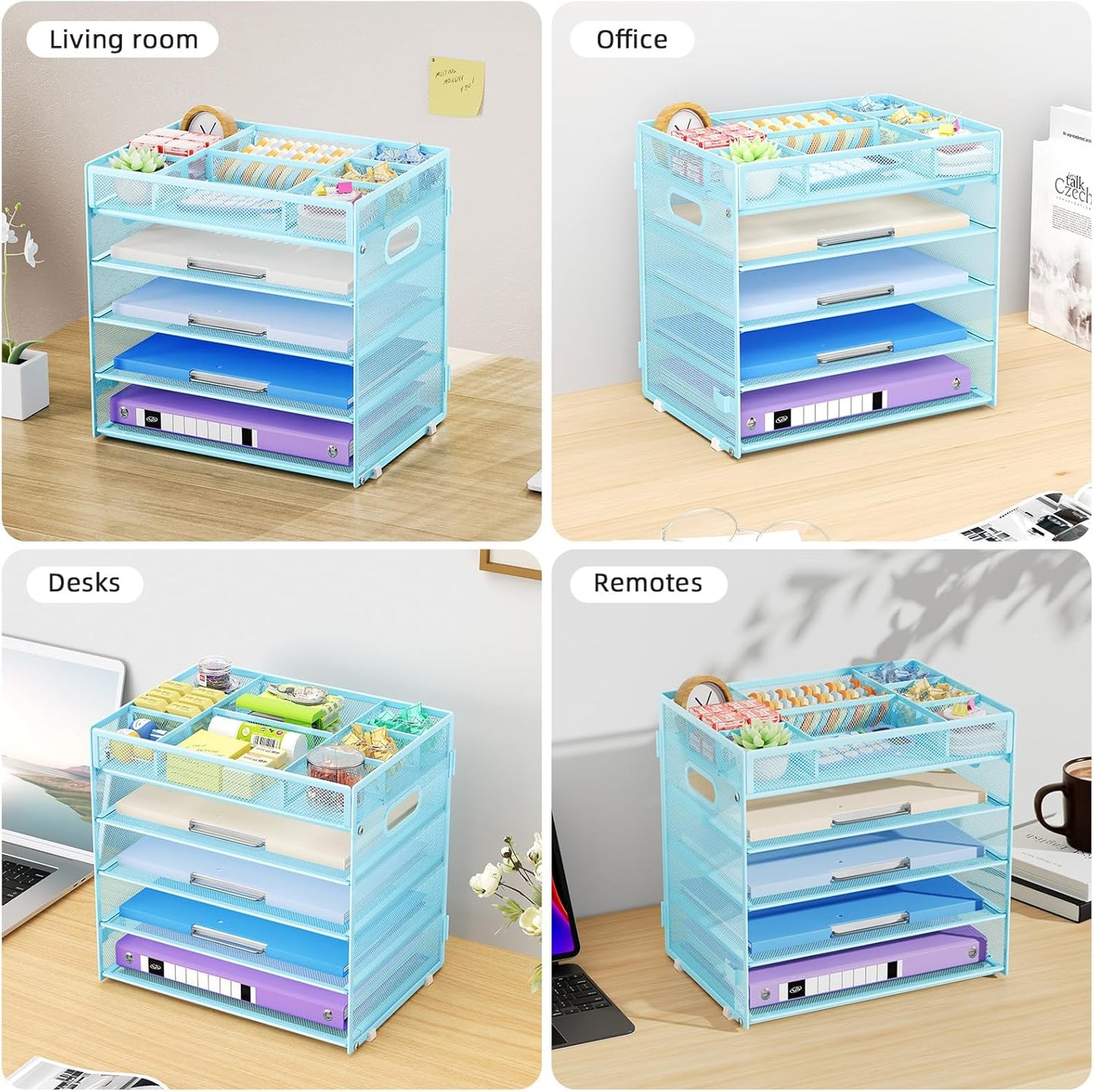 Marbrasse 5-Tier Letter Tray Paper Organizer with Handle, Multi-Functional Mesh File Organizer for Desk, Adjustable Compartments Mesh Desktop Storage for Office Supplies,Black