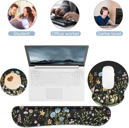 Ergonomic Mouse Pad with Wrist Rest and Keyboard Wrist Rest, Memory Foam Wrist Rest for Computer Keyboard, Easy Typing, Pain Relief, Mouse Pad Wrist Support for Gaming,Office, Laptop, Black Flower