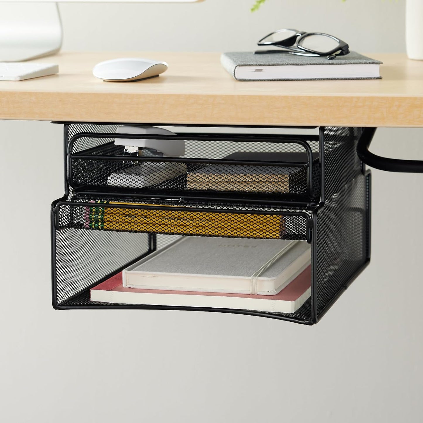 Safco Onyx Hanging Under Desk Organizer, 4 Trays, Office and Classroom Mailbox , Paper and Mail Sorter, Steel Mesh, Black