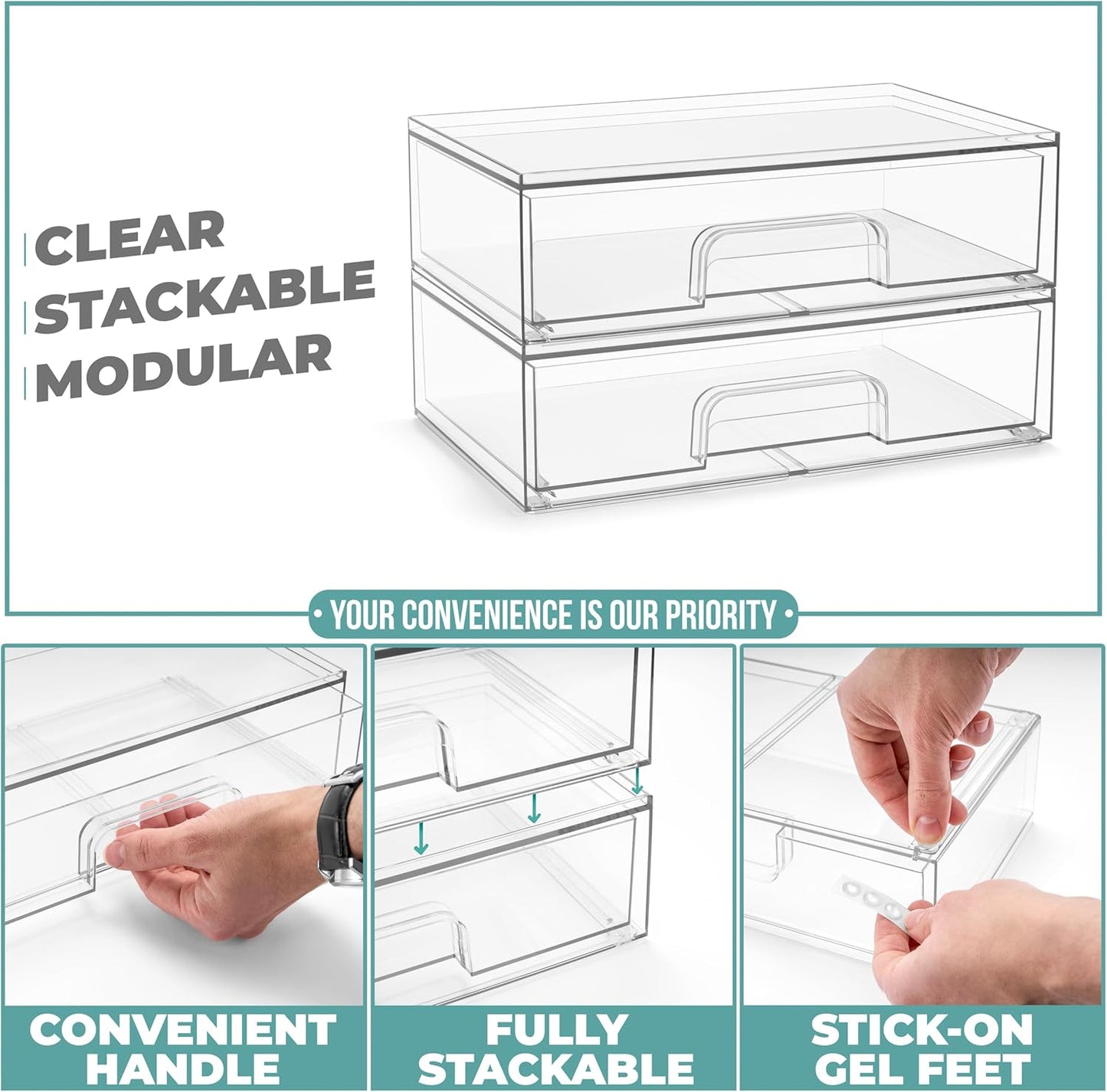 Sorbus Acrylic Storage Containers - 2 Pack, Stackable Storage Bins Set for Bathroom Organization - Clear Acrylic Drawer Organizers - Makeup Case Pull-Out Drawers (7.6’’ Tall)