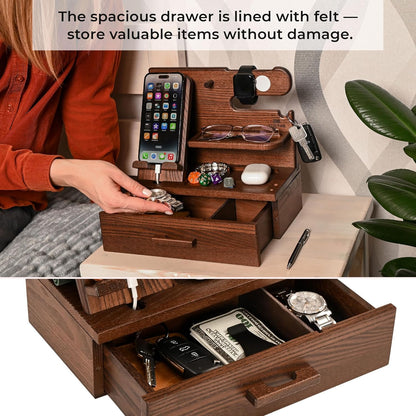 TESLYAR Wood Phone Docking Station with Drawer - Nightstand Organizer - Desk Organizer for Husband - Birthday Gifts for Men, Dad, Anniversary Idea, Key Holder Stand Watch & Accessories (Antique Brown)