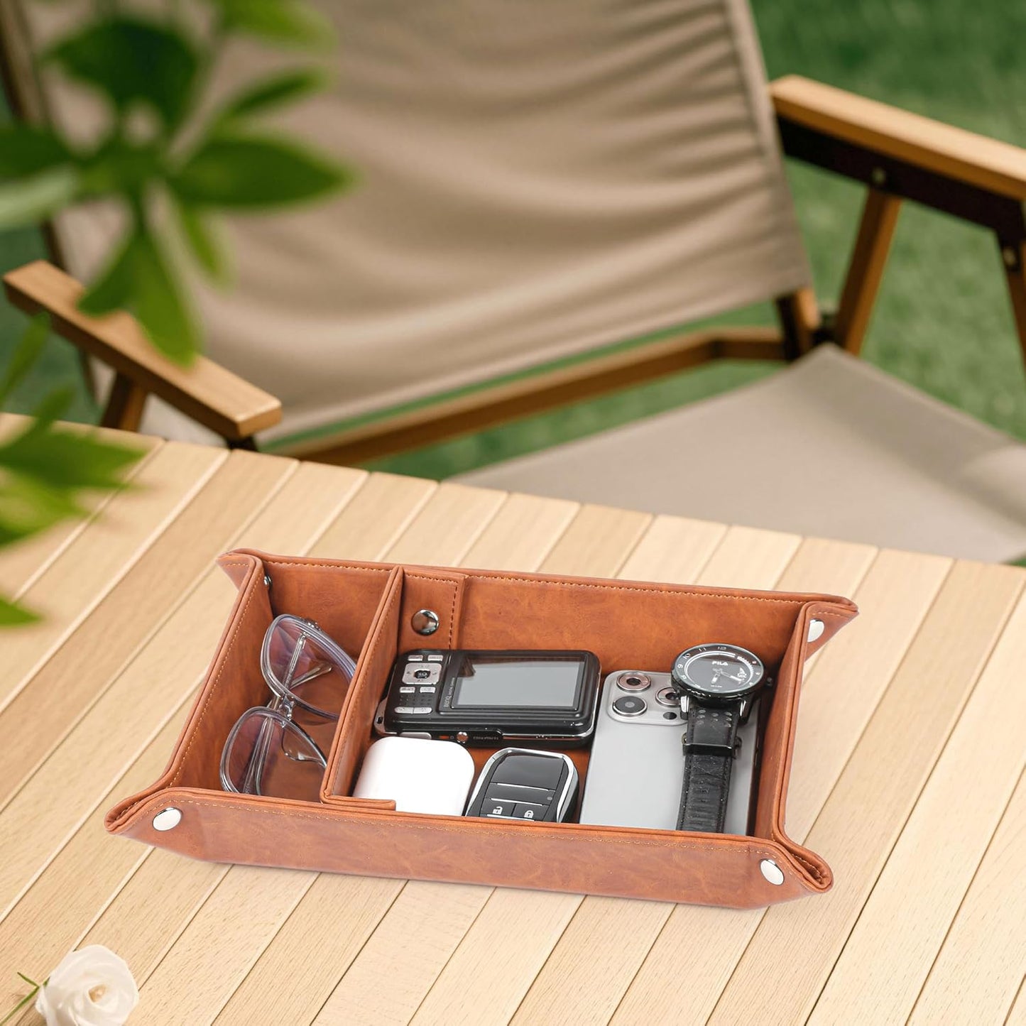 Deluxe Leather Tray Desktop Storage Organizer Watch Remote Control Jewelry Cell Phone Wallet Keychain Desktop Storage for Home, Camping Unique Gift Ideas for Men and Friends