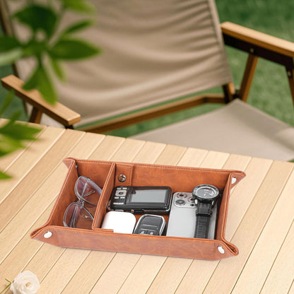 Deluxe Leather Tray Desktop Storage Organizer Watch Remote Control Jewelry Cell Phone Wallet Keychain Desktop Storage for Home, Camping Unique Gift Ideas for Men and Friends