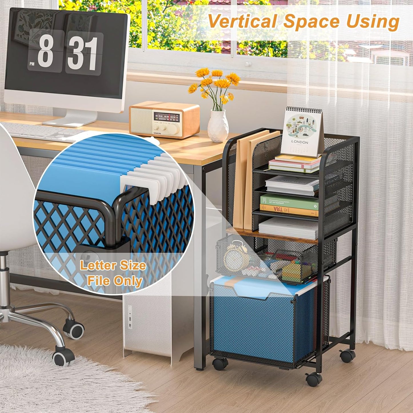 5-Tier Rolling File Cart Under Desk with Drawers, File Cabinet Organizer for Hanging File Folders, Letter-Size File Storage with Wheels, Multi-Layer Mobile Filing Cabinet for Under Desk Storage