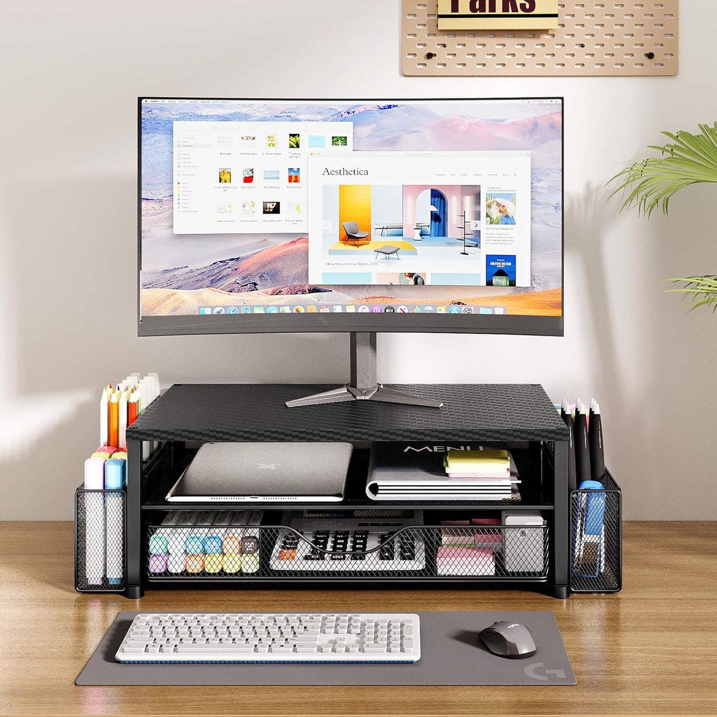 OPNICE Desk Organizers and Accessories, Computer Monitor Stand Riser with Drawer and 2 Pen Holders, Printer & Laptop Stand, Office Desk Accessories & Workspace Organizers for Home Office Supplies, Black
