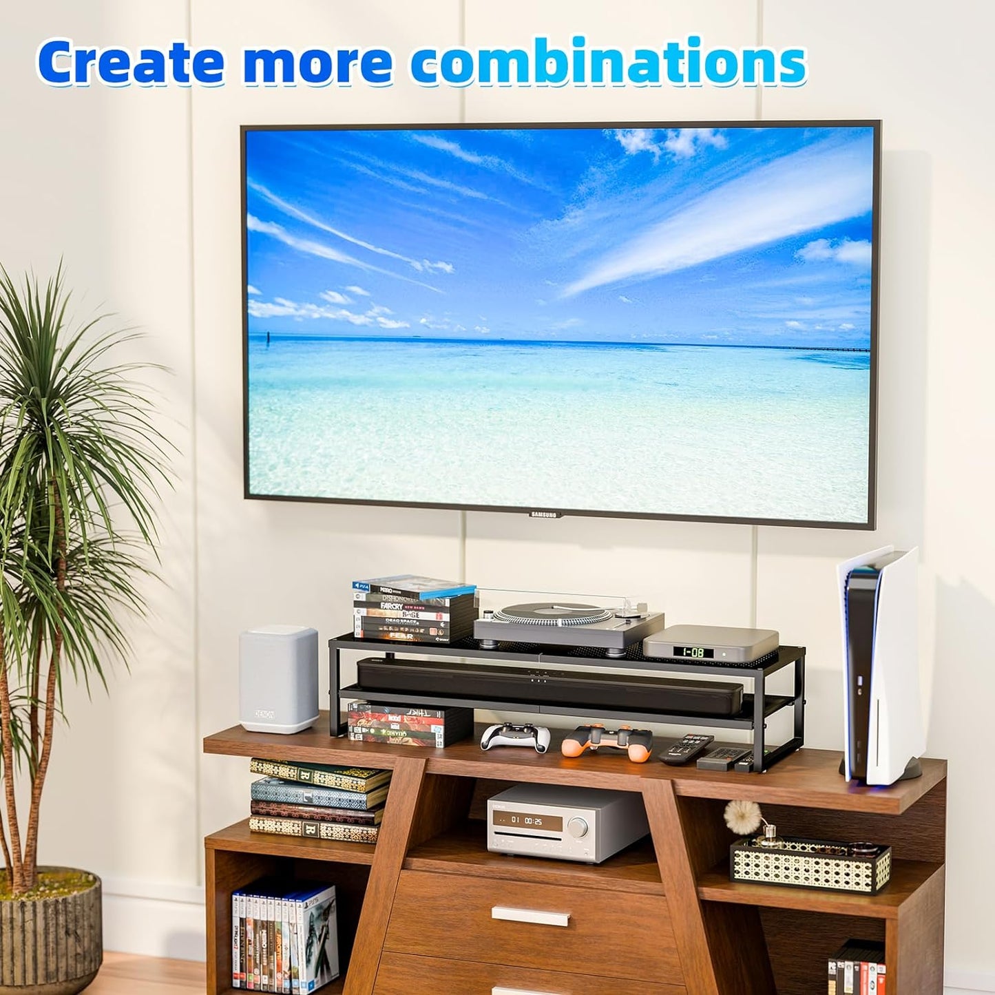 Simple Trending 2 Tier Metal Dual Monitor Stand Riser with 32"x10" Mouse Pad, Computer Desk Organizer for 2 Monitors, Laptop, Printer, TV, Black