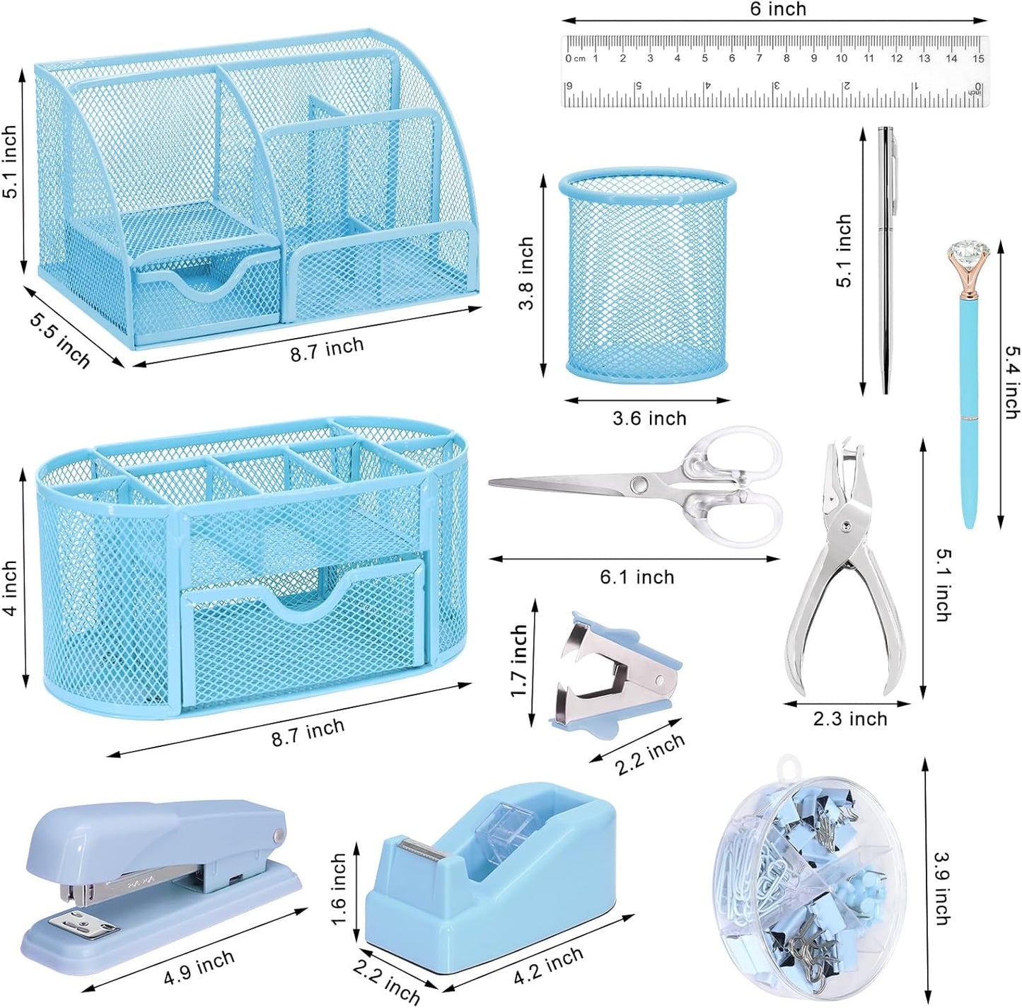 17 in1 Silvery Desk Organizers and Accessories Set, 3 Office Desk Supplies Storage Organization, 4 Pens, Stapler, Staples & Remover, Tape & Dispenser, Scissors, Ruler, Clips, Hole Punch Back to School