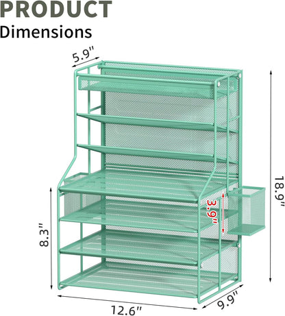 7 Tier Desk File Organizer – Vertical File Organizer for Desk with Removable Pen Holder & Adjustable Pull-out Drawer – Metal Document Organizer for Office, Simple Trending Design – Black