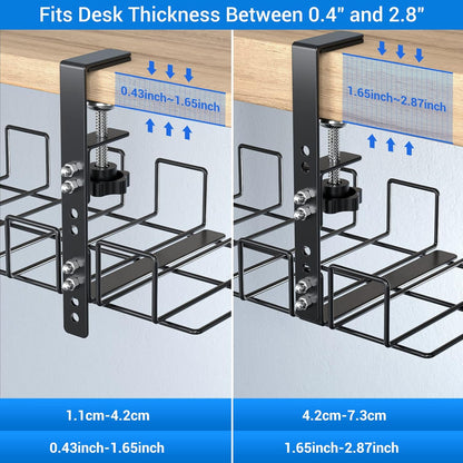 LUXEAR Under Desk Cable Management Tray 2Pack No Drill C-Clamp Standing Desk Cords Organizers 15.7“ High Capacity Adjustable Removable Docking Station Wires Holder Rack Office Kitchen Table Raceway