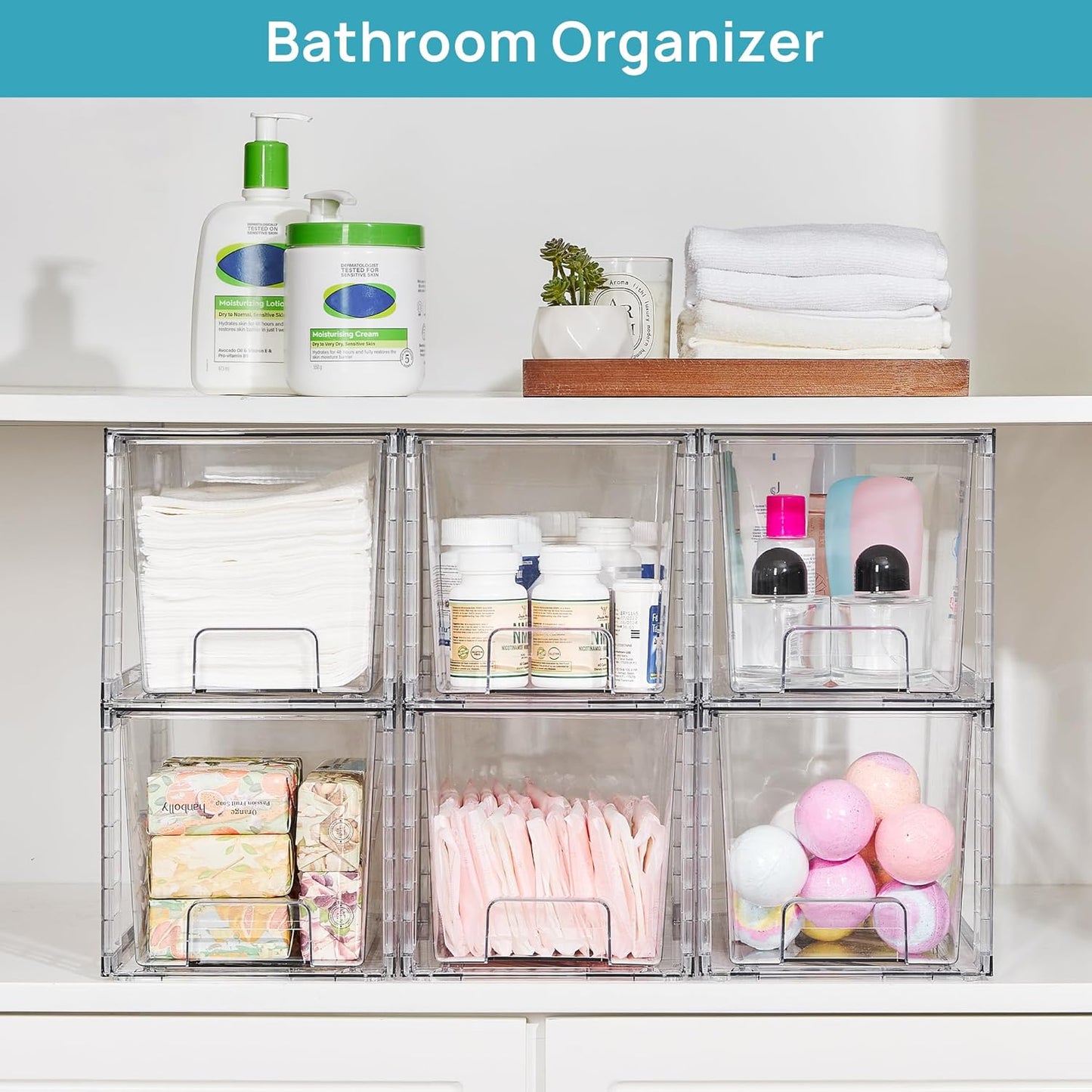 Vtopmart 4 Pack Large Stackable Storage Drawers,Easily Assemble Acrylic Bathroom Closet Undersink Organizers and Storage,Plastic Bins for Kitchen Cabinets,Pantry,Makeup,Medicine Organization