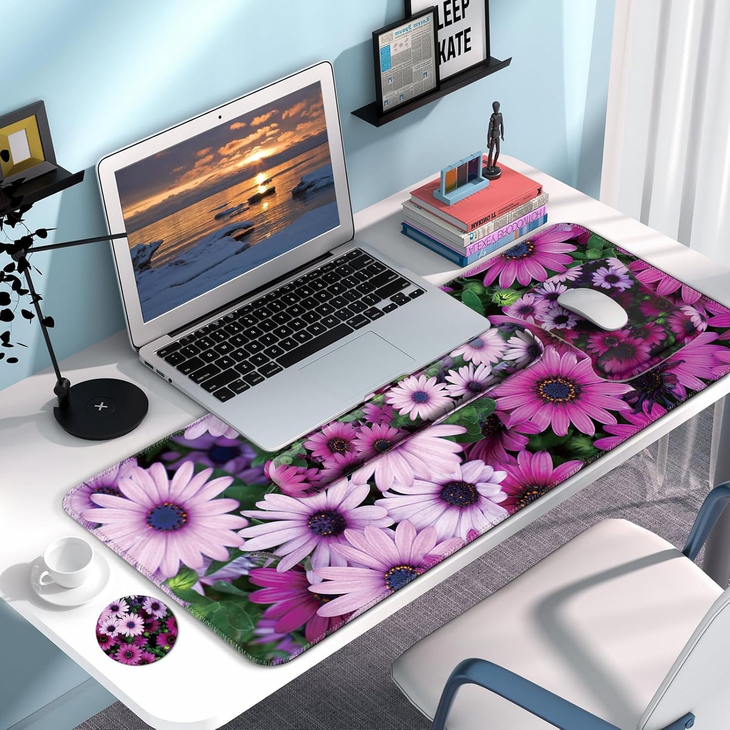 Desk Mat Set + Keyboard and Mouse Pad with Wrist Rest Support,4-in-1 Large Mousepad Computer Mats for Desktop Home & Office-Purple Butterflies