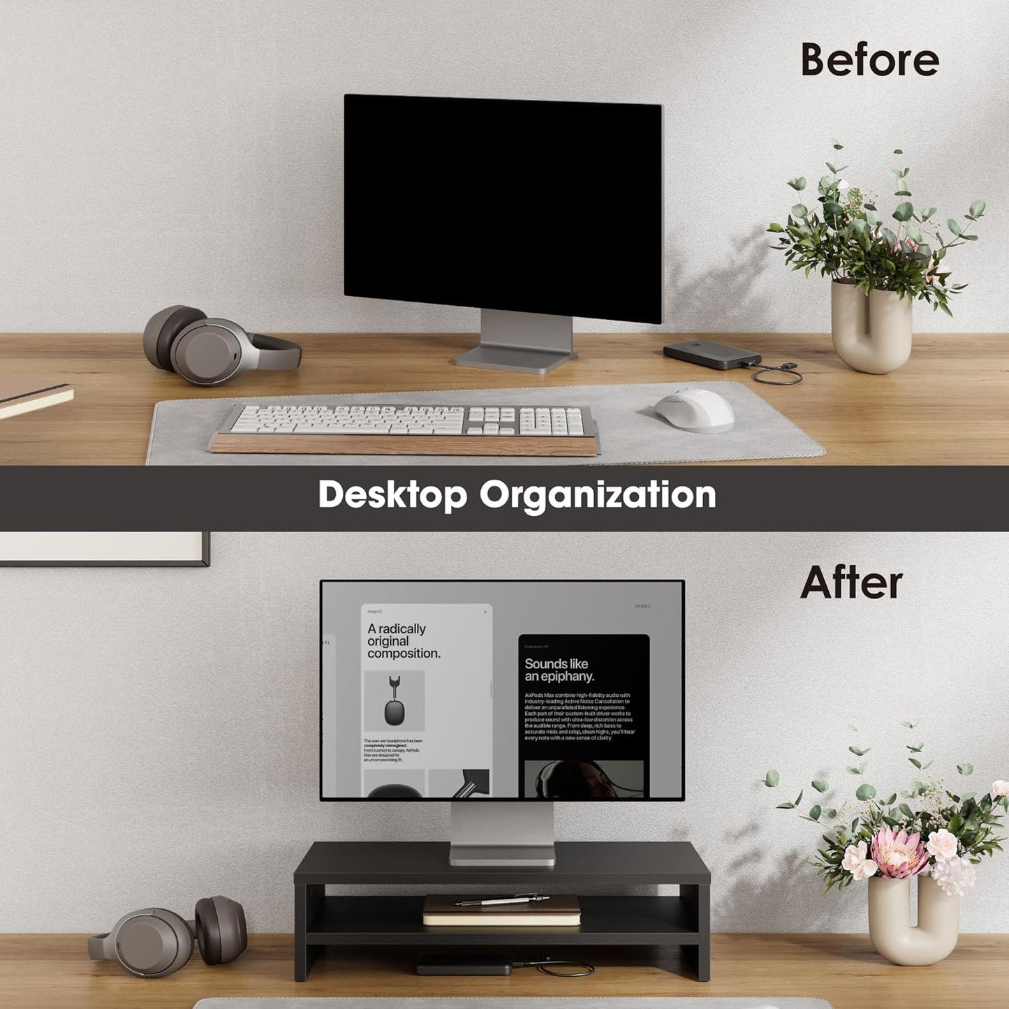 FITUEYES Monitor Stand - 2 Tier Computer Monitor Riser Shelf, Wood Desktop Stand for Laptop Computer Screen, Desk Organization, Office Supplies
