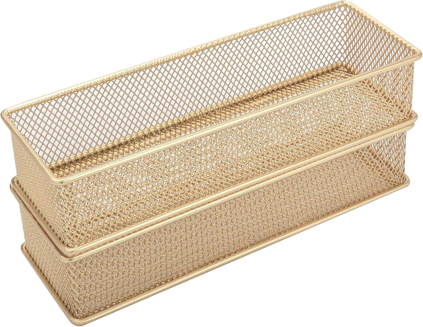 Annova Stackable Mesh Drawer Cabinet and Shelf Organizer Bins Storage Basket School Office Supply Holder Tray- Set of 2 (Gold, 3x3x2 Inch)