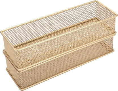 Annova Stackable Mesh Drawer Cabinet and Shelf Organizer Bins Storage Basket School Office Supply Holder Tray- Set of 2 (Gold, 3x3x2 Inch)
