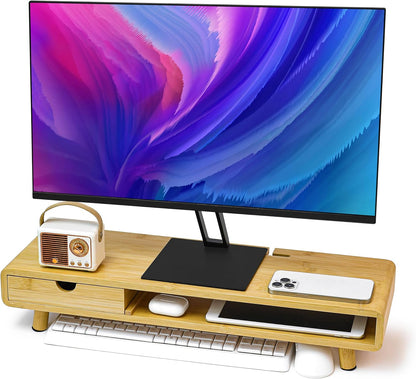 Homerays Monitor Stand with Drawer, Exquisite Computer Monitor Stand for Desk, Ergonomic Wood Monitor Stand Riser for Computer,Laptop,Printer,TV,Bamboo,White
